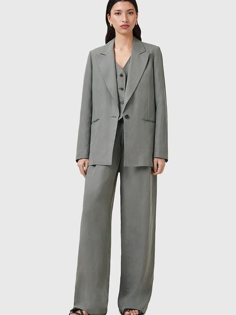 AllSaints marynarka z domieszką lnu AVERIE kolor szary jednorzędowa gładka W043QC