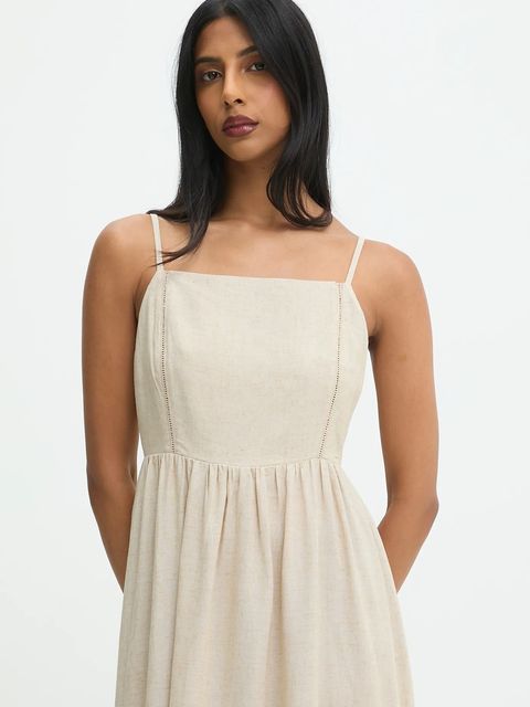 Answear.LAB sukienka z lnem kolor beżowy maxi rozkloszowana