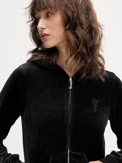 Juicy Couture bluza HERITAGE ROBYN HOODIE damska kolor czarny z kapturem z aplikacją JCSEBJ007G