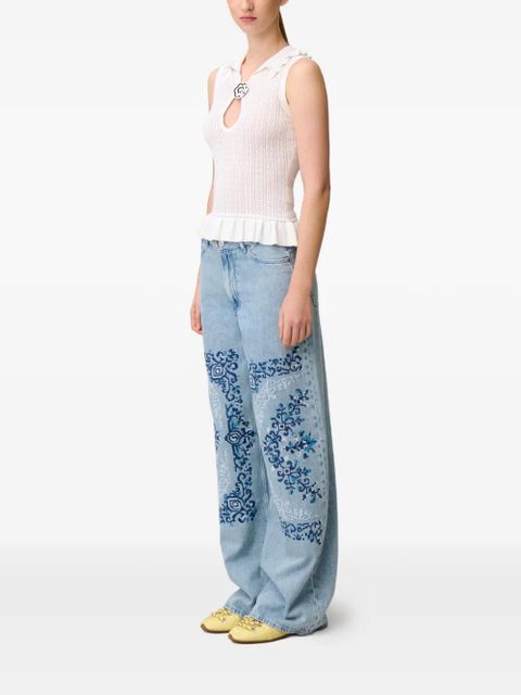 Claudie Pierlot ruffled pointelle-knit polo top - White