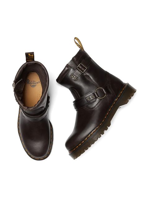 Dr. Martens botki skórzane Anistone Harness damskie kolor brązowy na płaskim obcasie DM41870200