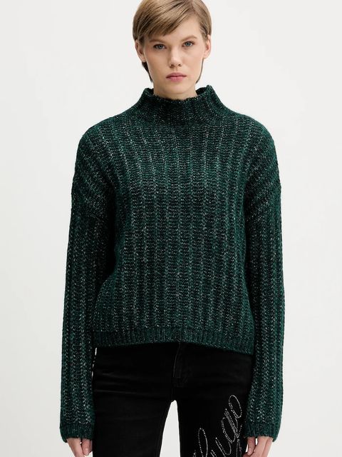 HUGO sweter z dodatkiem wełny damski kolor zielony ciepły z półgolfem 50550210