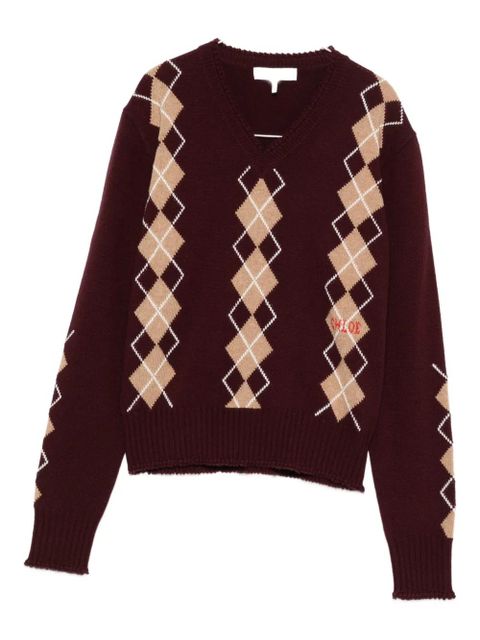 Chloé V-neck argyle-knit jumper - Red
