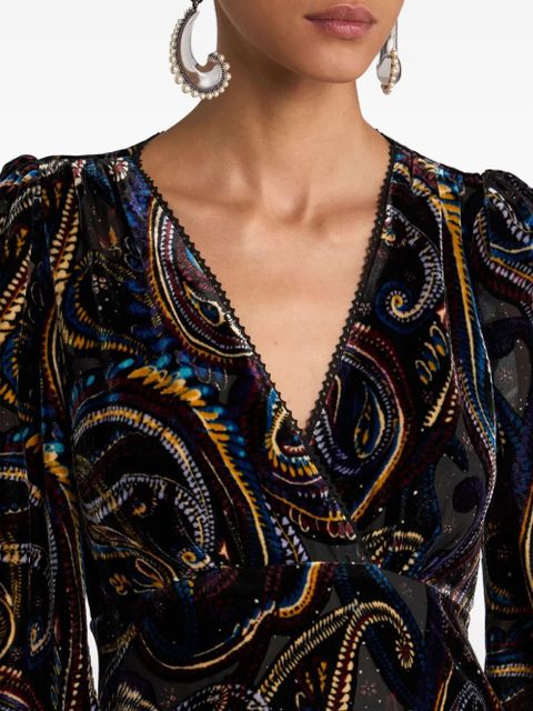 ETRO velvet paisley-foliage motif wrap midi dress - Black