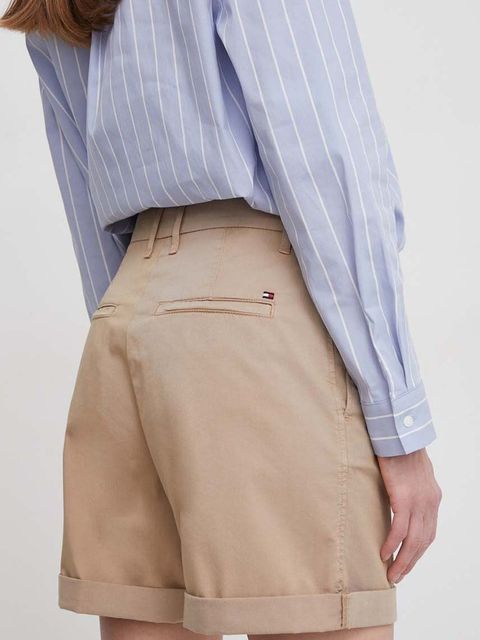 Tommy Hilfiger szorty damskie kolor beżowy gładkie high waist WW0WW42457