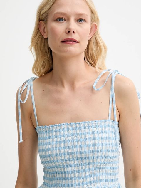 The Sleeper sukienka lniana kolor niebieski midi rozkloszowana ATDR01G027R