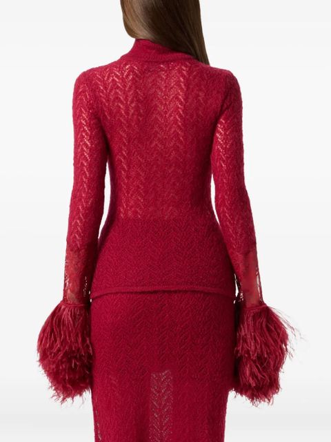 Blumarine feather-trimmed lace top - Red