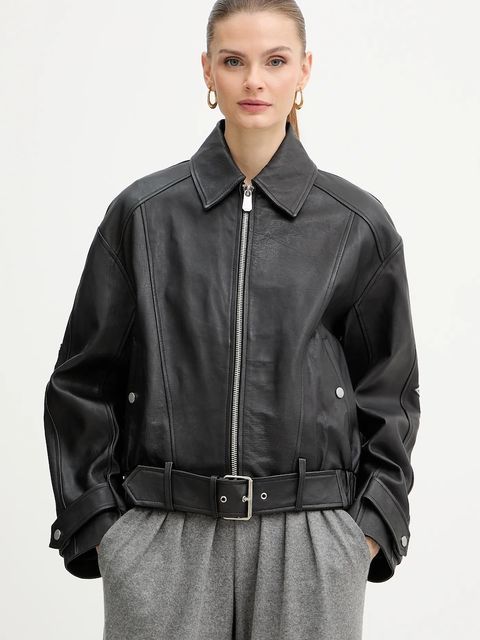 Pinko kurtka skórzana kolor czarny przejściowa oversize 105793 A2U7 - zdjęcie produktu nr 1