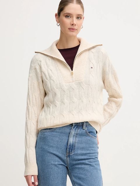 Tommy Hilfiger sweter wełniany damski kolor beżowy WW0WW46425 - zdjęcie produktu nr 1