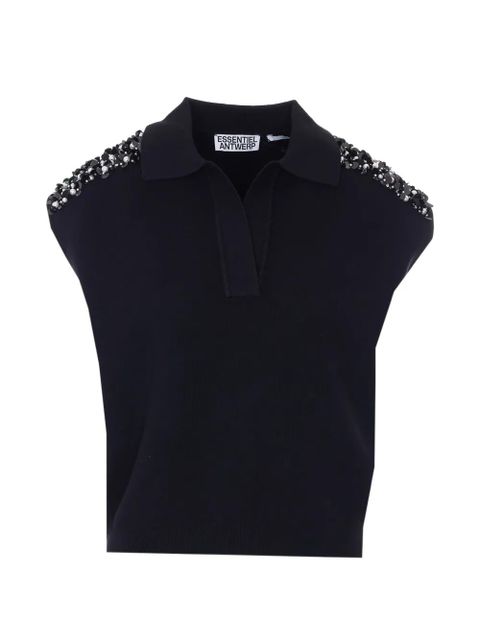 Essentiel Antwerp sleeveless embellished shoulders polo top - Black - zdjęcie produktu nr 1