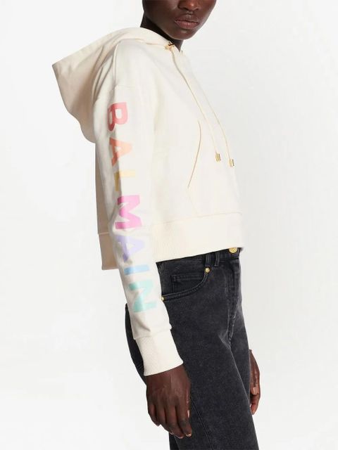 Balmain logo-print cropped hoodie - White