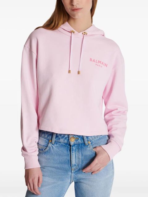 Balmain flocked-logo cotton hoodie - Pink