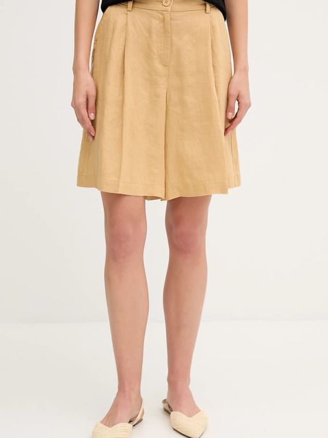 Sisley szorty lniane damskie kolor zielony gładkie high waist 4AGHL901K