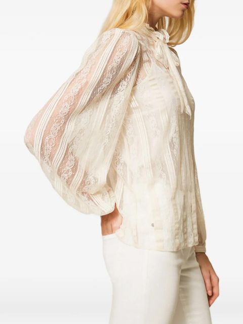 TWINSET striped lace bow blouse - Neutrals
