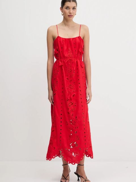 Farm Rio sukienka lniana kolor czerwony maxi rozkloszowana 336561 - zdjęcie produktu nr 1