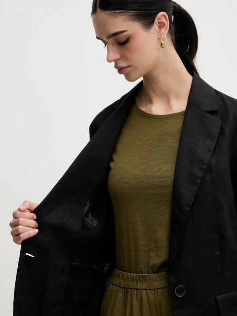 Sisley marynarka lniana kolor czarny jednorzędowa gładka