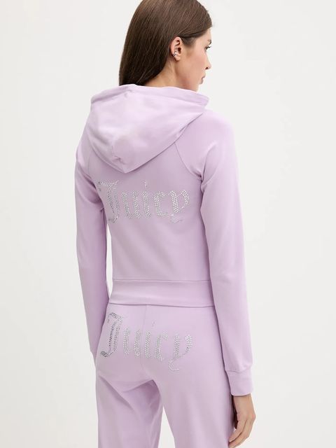 Juicy Couture bluza SINGLE JERSEY OLA HOODIE damska kolor fioletowy z kapturem z aplikacją JCWAS125310
