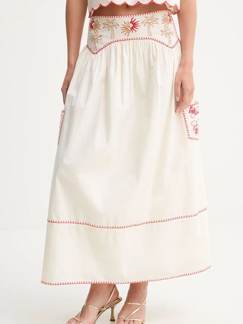 Never Fully Dressed spódnica bawełniana kolor beżowy midi rozkloszowana NFDSK650 - zdjęcie produktu nr 1