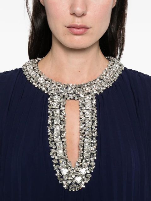 Self-Portrait feather-cuff pleated maxi dress - Blue