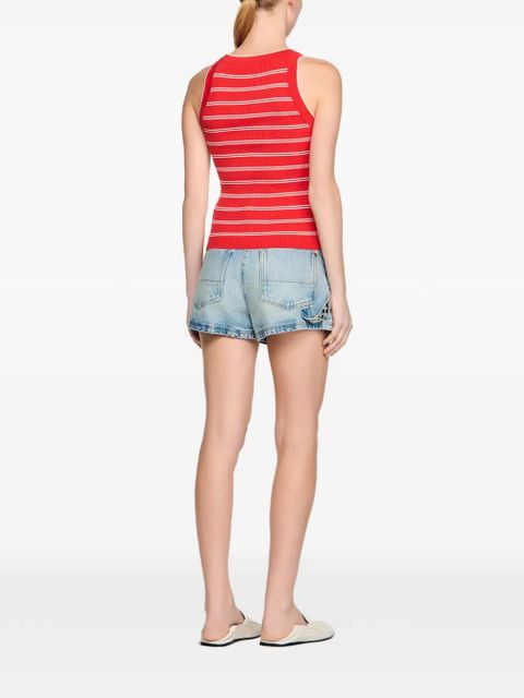 SANDRO striped-pattern logo-plaque tank top - Red
