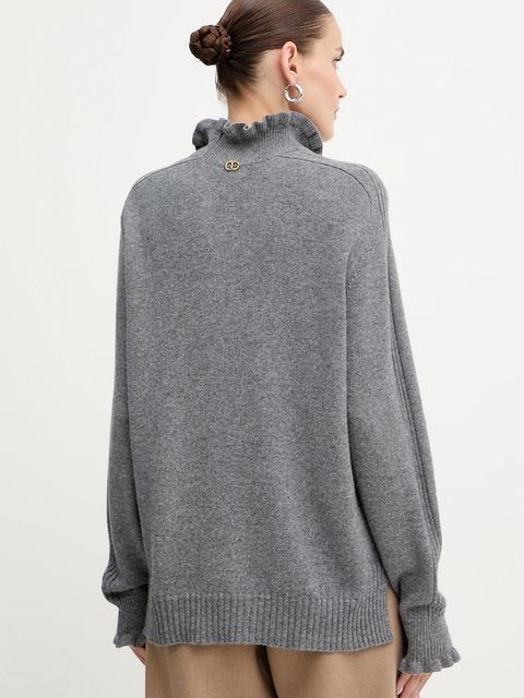 Twinset sweter z wełną damski kolor szary z półgolfem 252TT3350