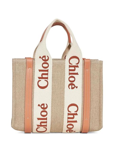 Chloé small Woody logo-detail linen tote bag - Neutrals
