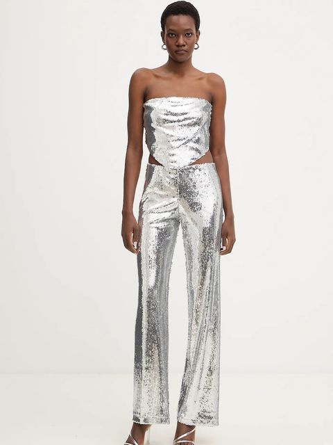 Haveone spodnie damskie kolor srebrny szerokie high waist PGE-P259 - zdjęcie produktu nr 2