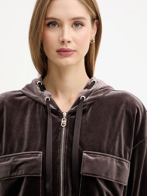 Liu Jo bluza welurowa damska kolor brązowy z kapturem gładka TF5108.J4955