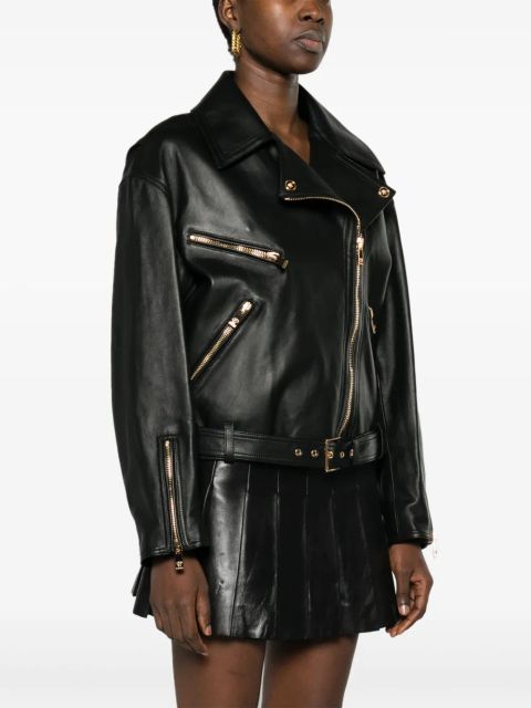 Versace belted leather biker jacket - Black