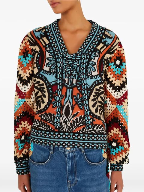 FARM Rio crochet-construction V-neck sweater - Blue