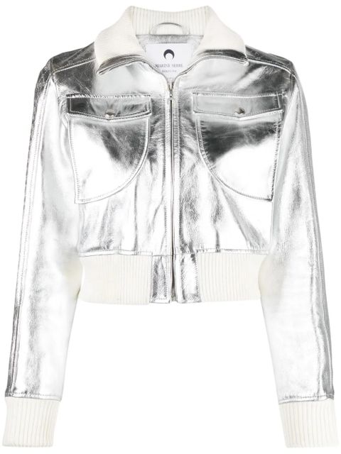 Marine Serre Moonogram-pattern laminated leather jacket - Silver - zdjęcie produktu nr 1