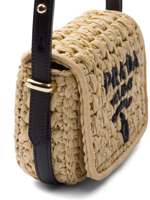 Prada logo-embroidered interwoven shoulder bag - Neutrals