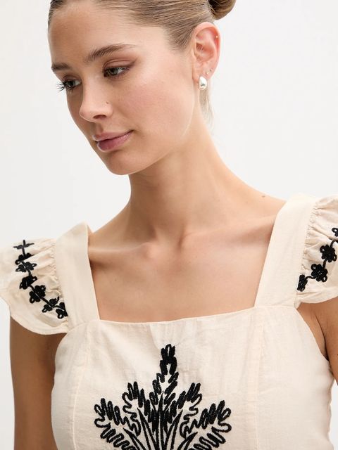 Hoss Intropia bluzka z domieszką lnu damska kolor beżowy z aplikacją 5879153