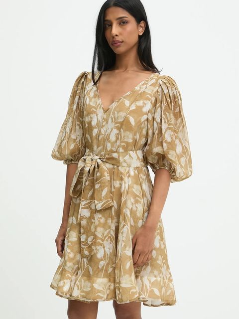 Answear.LAB sukienka z jedwabiem kolor beżowy mini rozkloszowana - zdjęcie produktu nr 1