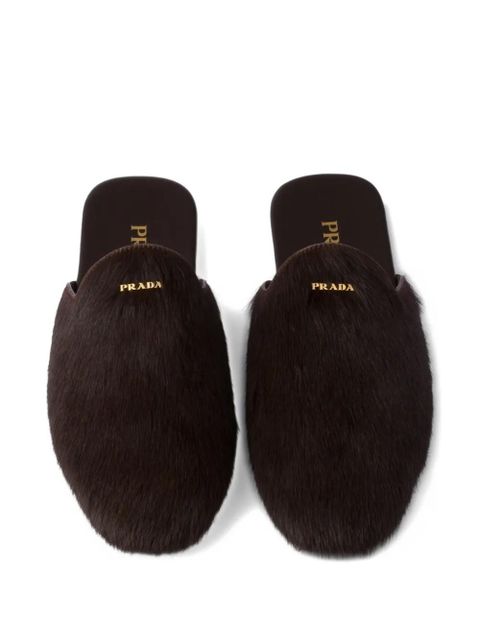 Prada logo-plaque hair-calf mules - Brown