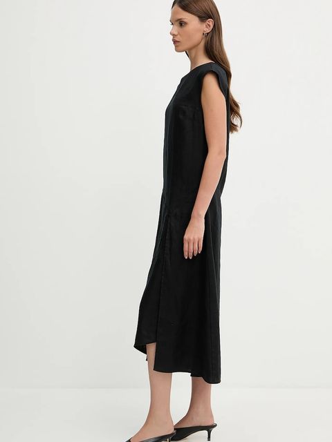 Sisley sukienka lniana kolor czarny midi prosta 4AGHLV073