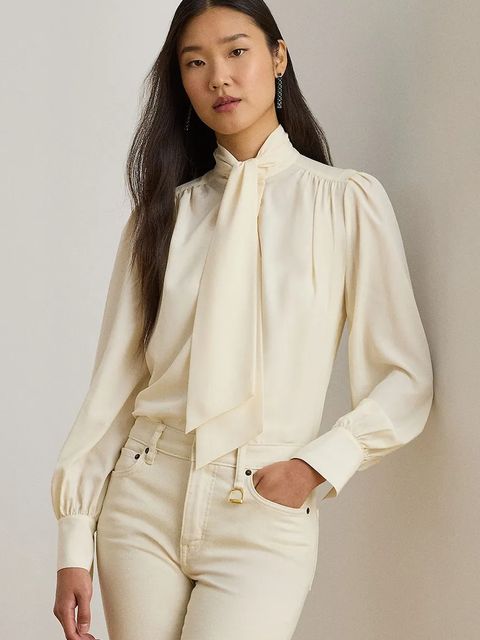 Lauren Ralph Lauren koszula damskie kolor beżowy regular z wiązanym dekoltem 200P14083 - zdjęcie produktu nr 1