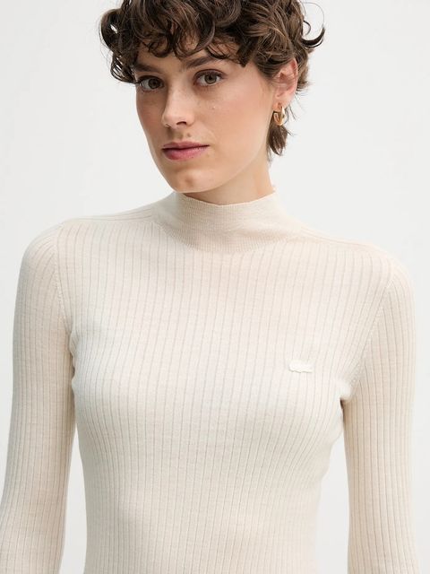 Lacoste sweter wełniany damski kolor beżowy lekki z półgolfem AF4189