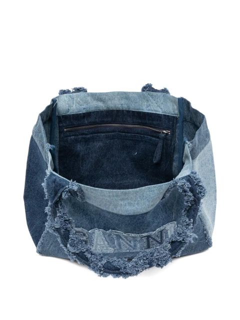 GANNI patchwork frayed tote bag - Blue