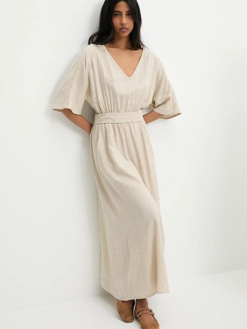 Answear.LAB sukienka z domieszką lnu kolor beżowy maxi rozkloszowana - zdjęcie produktu nr 2