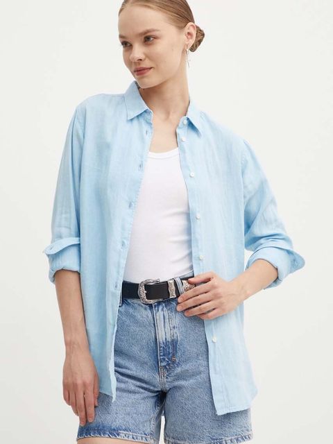 Superdry koszula lniana kolor niebieski regular z kołnierzykiem klasycznym