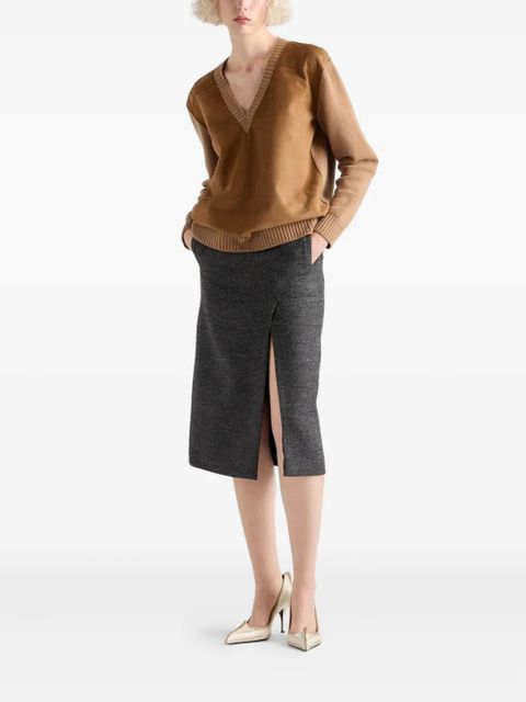 Prada suede-panel V-neck sweater - Brown