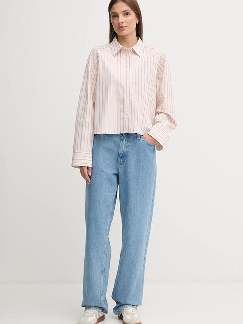 Calvin Klein Jeans koszula bawełniana damska kolor beżowy relaxed z kołnierzykiem klasycznym LV047C118G - zdjęcie produktu nr 2