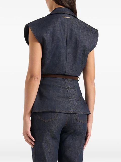 Manière De Voir Linda denim wide-shoulder belted waistcoat - Blue