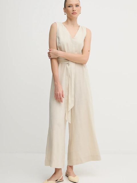 United Colors of Benetton kombinezon lniany kolor beżowy z dekoltem w szpic 4AGHDT00E - zdjęcie produktu nr 2