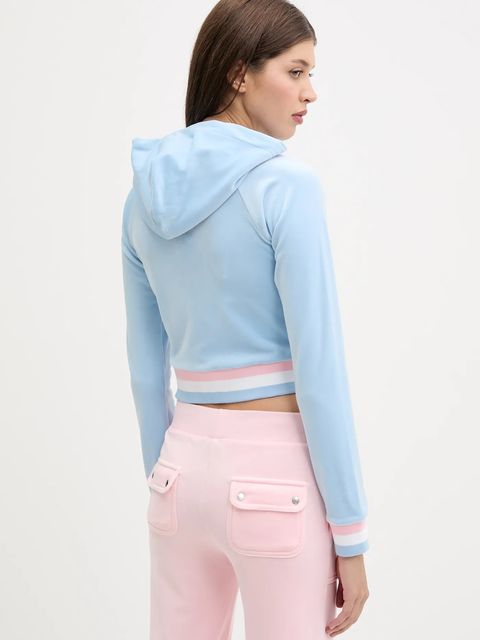 Juicy Couture bluza VELOUR CROPPED STRIPE HOODIE damska kolor niebieski z kapturem z aplikacją JCWAS225351