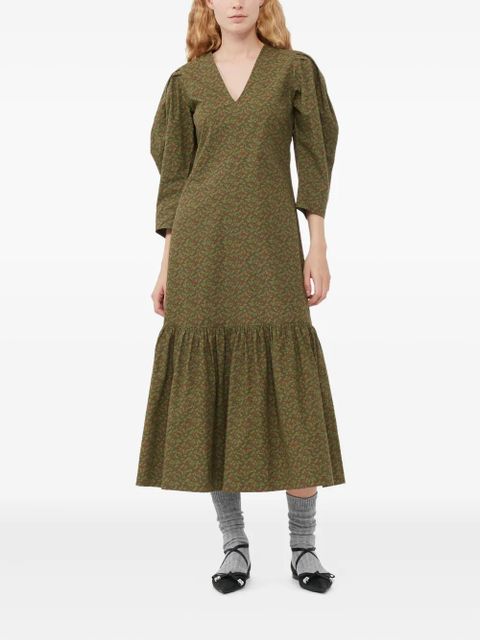 GANNI puff-sleeve floral-print midi dress - Green
