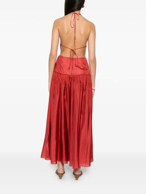 ZIMMERMANN ZIM INDRA PLUNGE HALTER MAXI DRESS RASPBERRY - Red