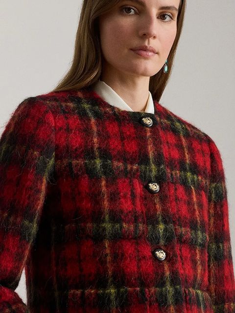 Lauren Ralph Lauren marynarka z domieszką wełny kolor czerwony jednorzędowa wzorzysta 200P02014