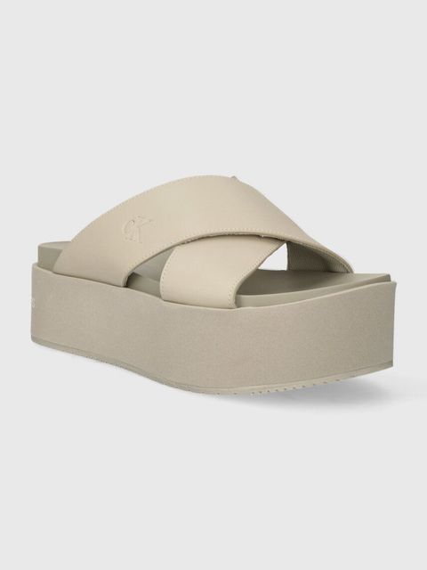 Calvin Klein Jeans klapki skórzane FLATFORM CROSS MG UC damskie kolor beżowy na platformie YW0YW01349 - zdjęcie produktu nr 2